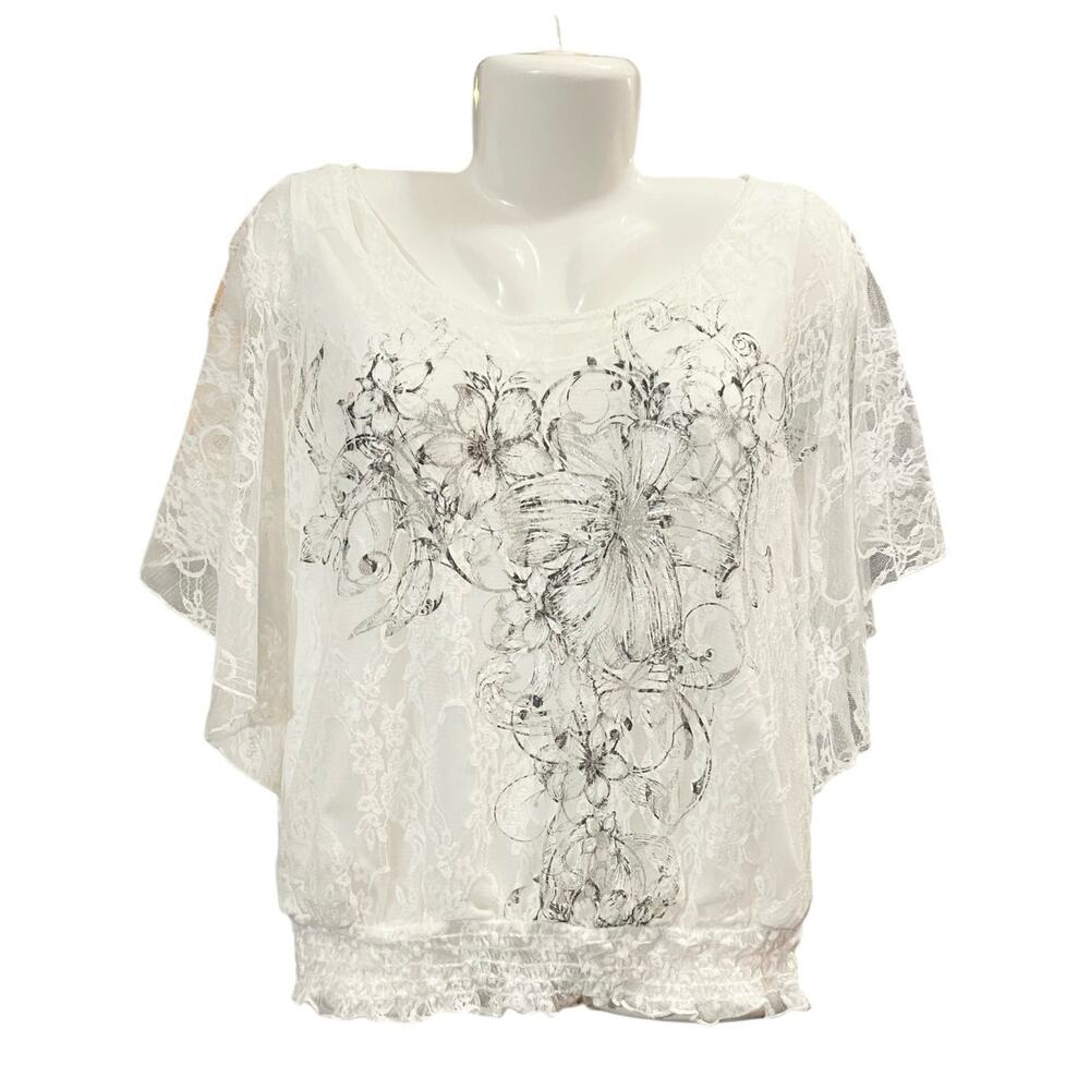 Lavish Women's White Lace W Attached Tank Short Sleeve Elastic Waist Blouse SZ M